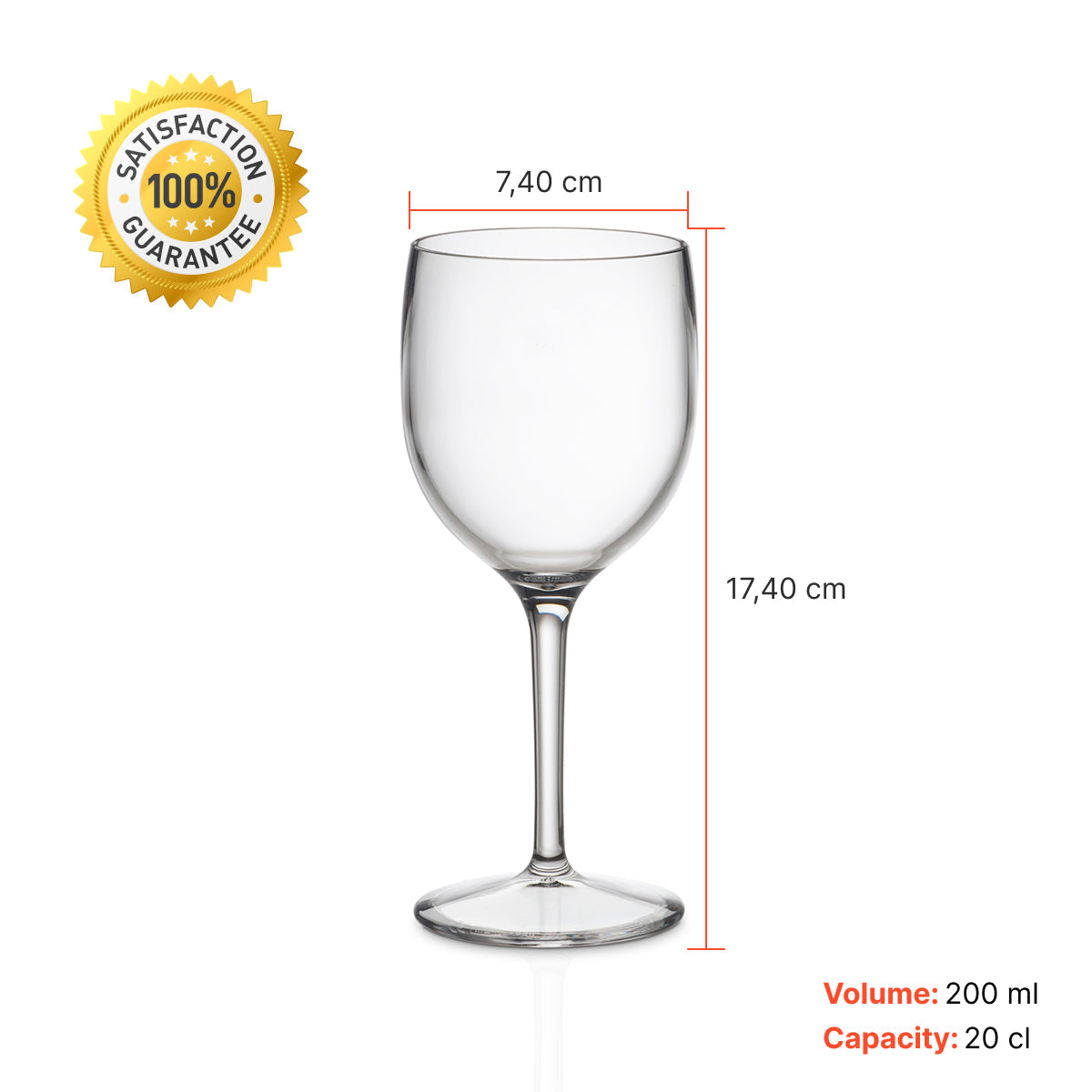 Copo Vinho Liffe Transparente 20 cl transparente com volume de 20o ml e capacidade de 20cl com medidas de 17,40 cm de altura e 7,40 cm de largura, no fundo branco com selo de 100% de garantia de satisfação.