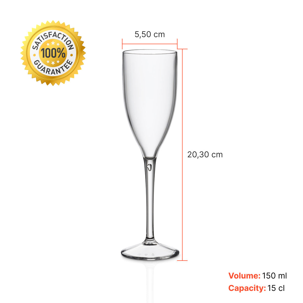 Copo de champanhe transparente Liffe de 15 cl com medidas detalhadas