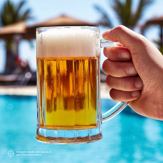 Caneca transparente de cerveja Liffe com 35 cl cheia de cerveja gelada em um dia ensolarado