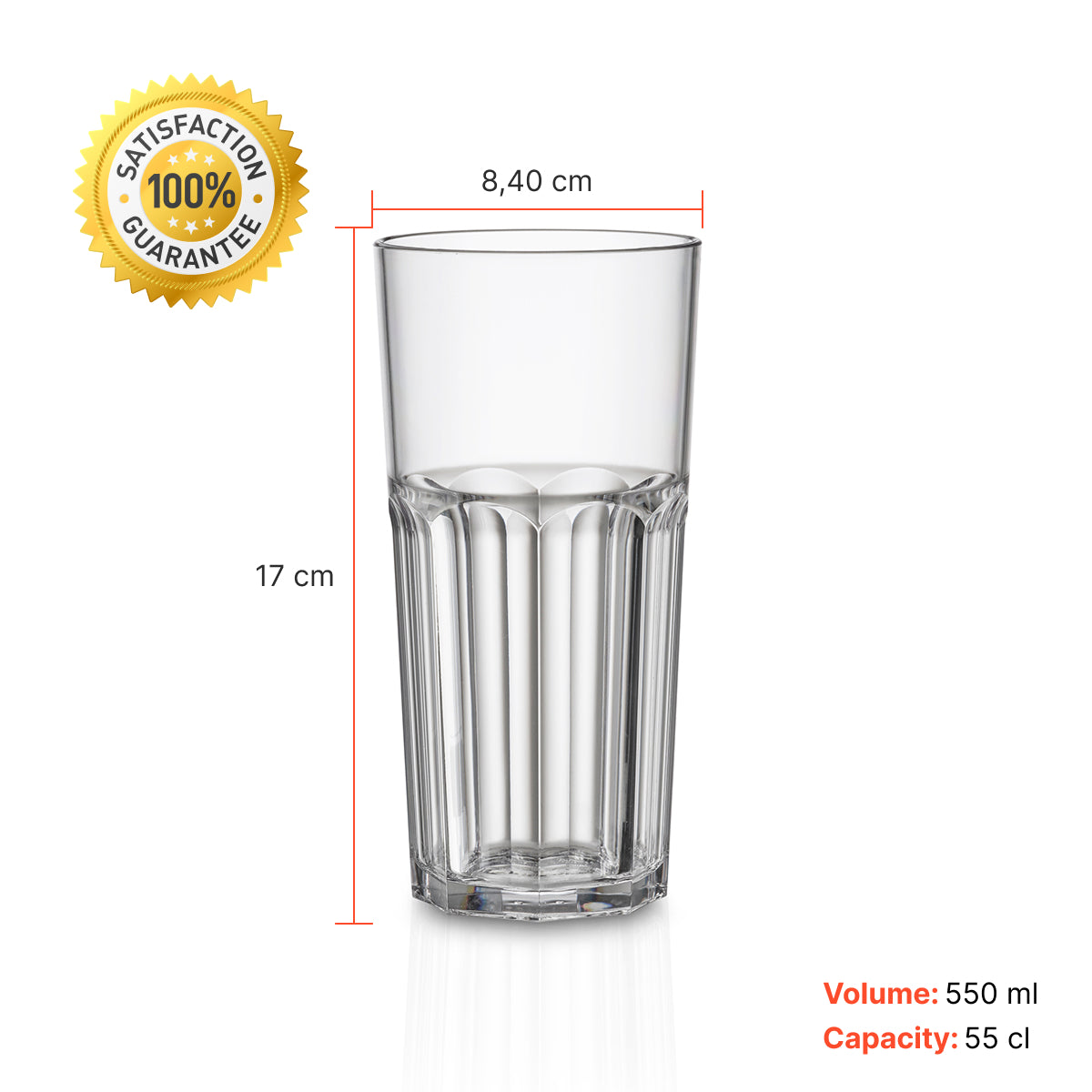 Copo Graniti Liffe Transparente 55cl com volume de 550 ml e 55 cl, com detalhes de medidas de 17 cm de altura e 8,4 cm de largura.