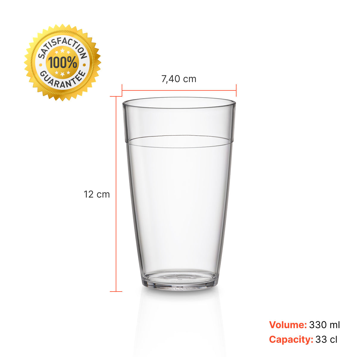 Copo transparente ECO Liffe 33 cl com medidas e volume de 330 ml