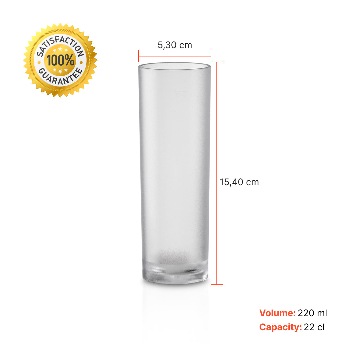 Copo Tubo Liffe ICE 22 cl com medidas detalhadas e volume de 220 ml