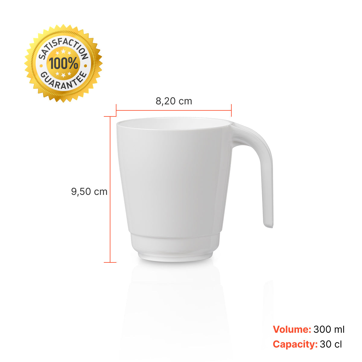 Caneca Liffe Branca 30 cl com capacidade de 30 cl e volume de 300 ml, exibida com dimensões de 9,5 cm de altura e 8,2 cm de largura.