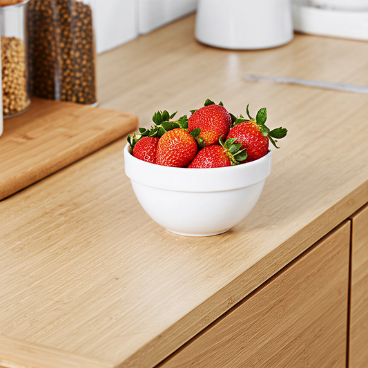 Tigela branca Liffe de 42 cl com morangos frescos em uma cozinha