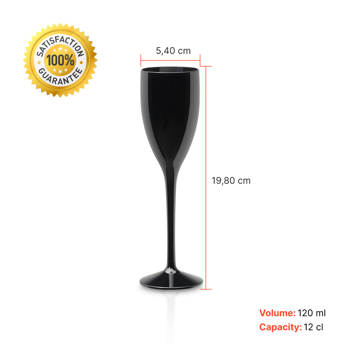 Copo de champanhe Liffe preto com 12 cl, mostrando medidas e capacidade.