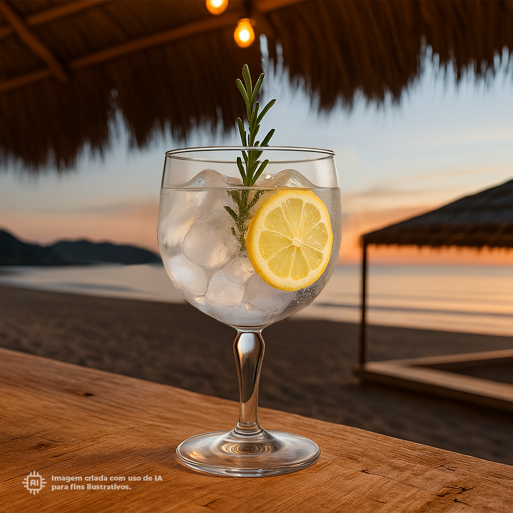 Copo Gin Liffe Transparente 67cl com um coquetel com gelo, alecrim e uma fatia de limão, ao pôr do sol na praia com um pavilhão de palha ao fundo.