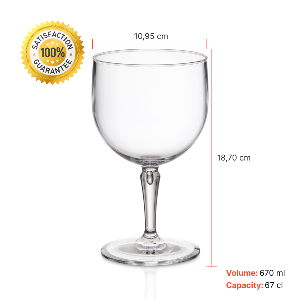 Copo Gin Liffe Transparente 67cl dimensões de 18,70 cm de altura, largura de 10,95 cm capacidade de 67cl e volume de 670 ml com um selo de 100% de garantia de satisfação.