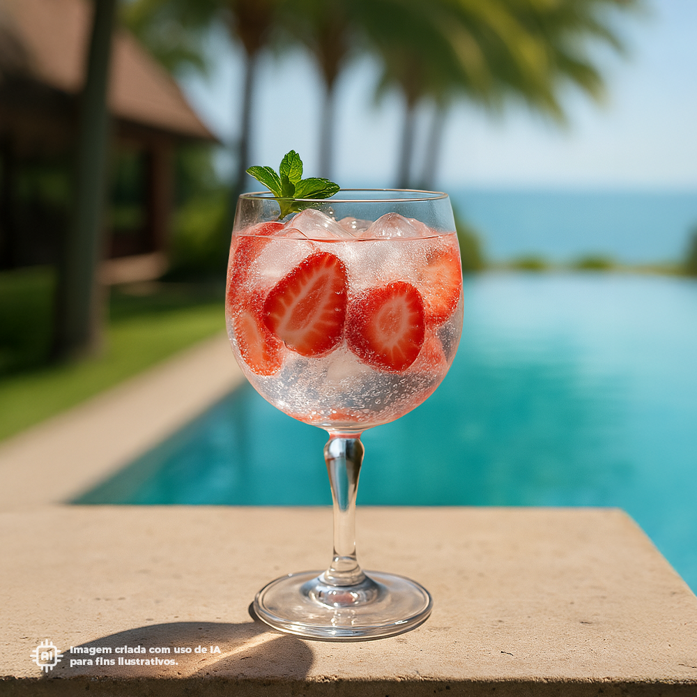 Copo Gin Liffe Transparente 67cl com uma bebida refrescante com morangos e hortelã, animada por um cenário de piscina, ideal para momentos de lazer e verão.