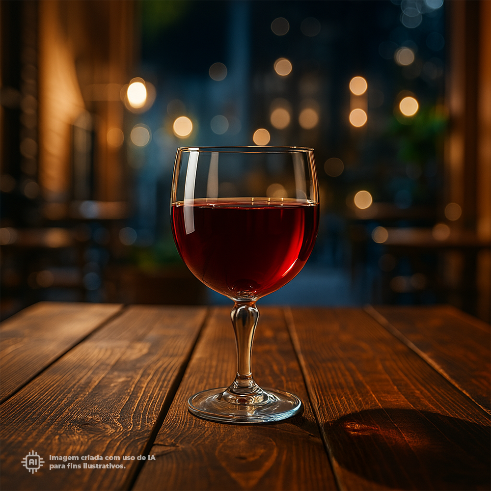 Copo Gin Liffe Transparente 67cl com vinho tinto numa mesa de madeira com fundo de luzes desfocadas a noite, criando uma atmosfera aconchegante e elegante.