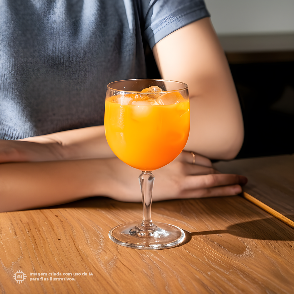 Copo Gin Liffe Transparente 67cl com um coquetel colorido com gelo, numa mesa de madeira, ao lado de uma pessoa com braço cruzado, num ambiente aconchegante.