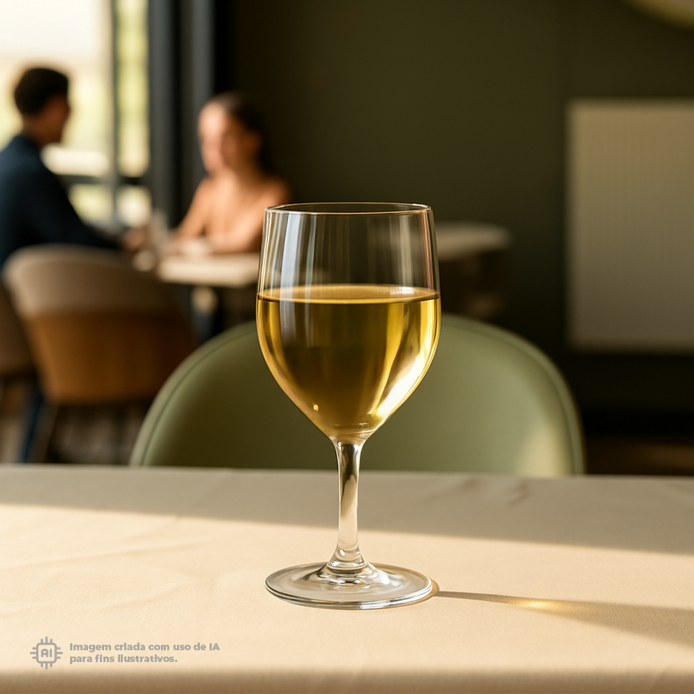 Copo Vinho Liffe Transparente 27 cl em destaque na mesa dum restaurante elegante, com um casal ao fundo a conversar, transmitindo uma atmosfera sofisticada e relaxante.