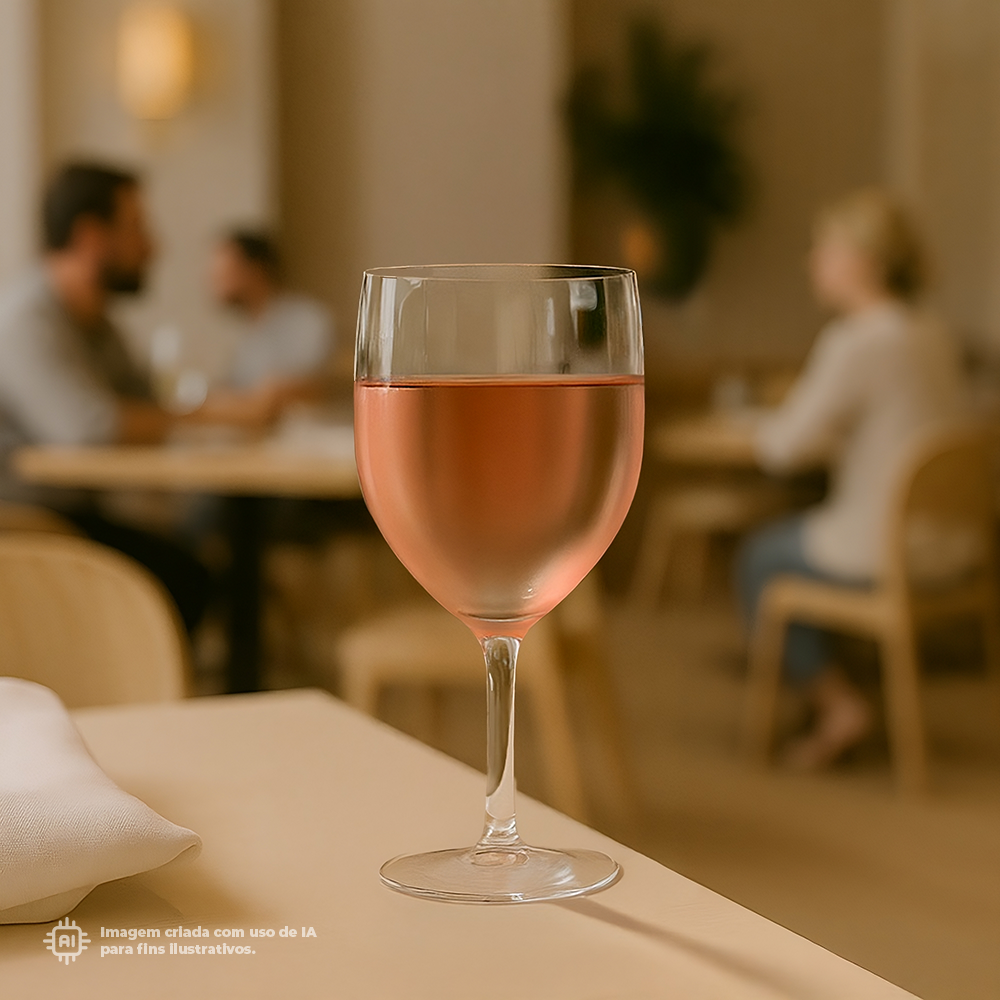 Copo Vinho Liffe Transparente 27 cl com rosé num restaurante elegante, com ambientes descontraídos e pessoas a conversar ao fundo.