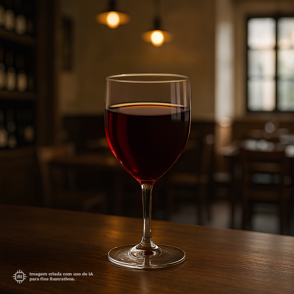 Copo Vinho Liffe Transparente 27 cl com vinho tinto num ambiente acolhedor com iluminação suave e janelas ao fundo, ideal para momentos de relaxamento ou encontros sociais.