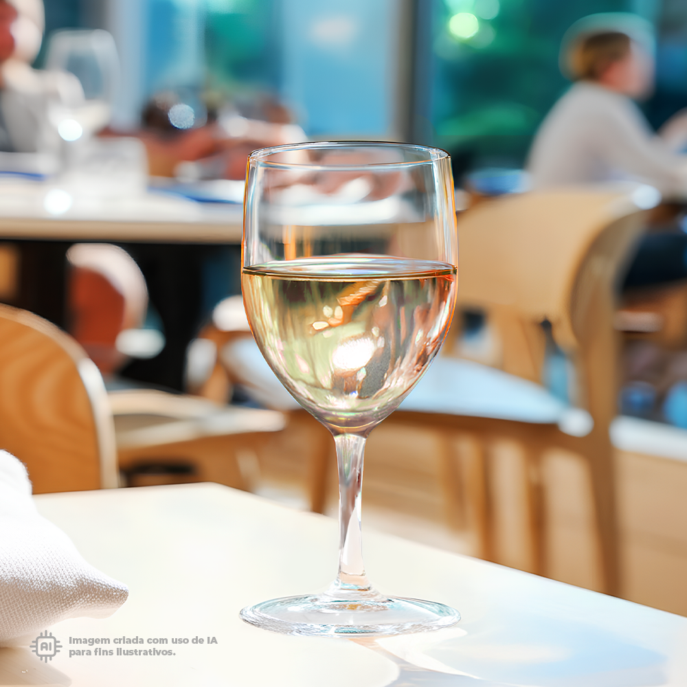 Copo Vinho Liffe Transparente 27 cl com vinho branco em destaque, num ambiente de restaurante com pessoas ao fundo, criando uma atmosfera acolhedora e elegante.