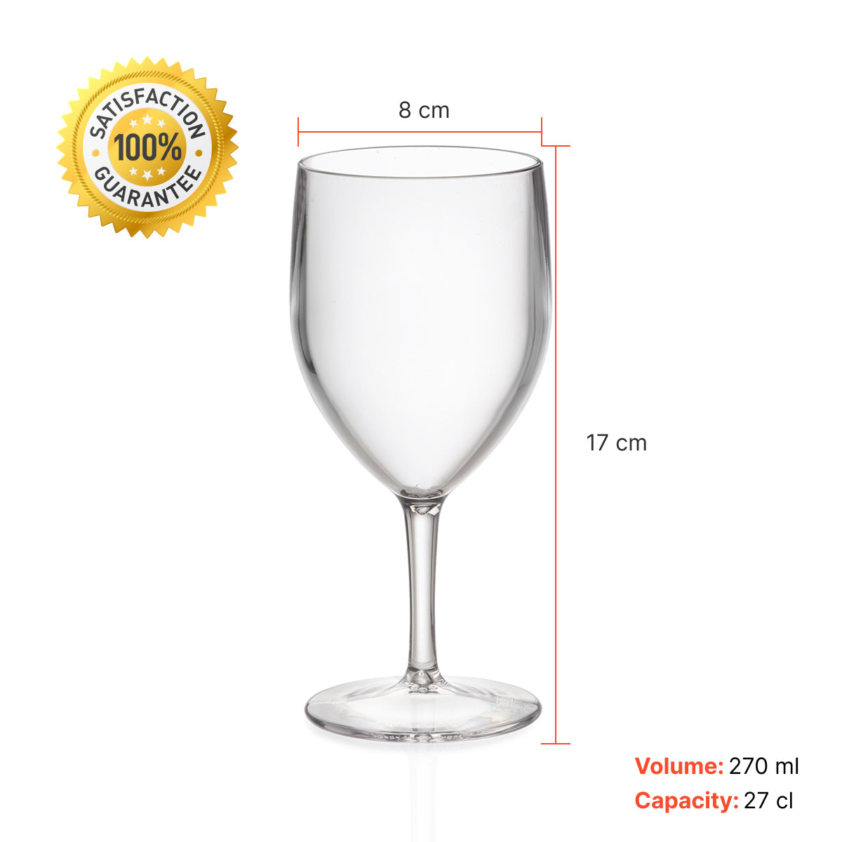 Copo Vinho Liffe Transparente 27 cl com altura de 17 cm, diâmetro de 8 cm. volume de 270 ml e capacidade de 27 cl com um selo de 100% de satisfação garantida.