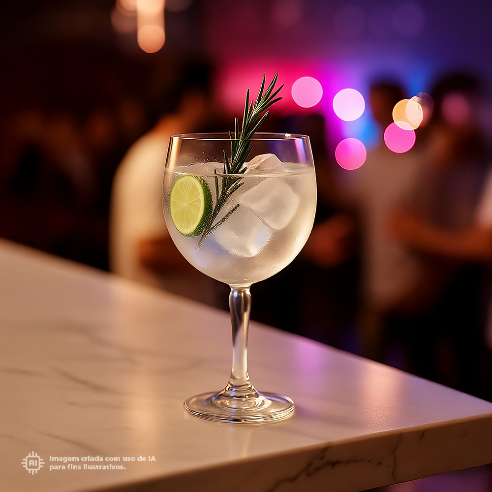 Copo Gin Liffe Transparente 47cl com gelo, limão e ramos de alecrim, num ambiente com iluminação colorida. Perfeito para coquetel ou happy hour.