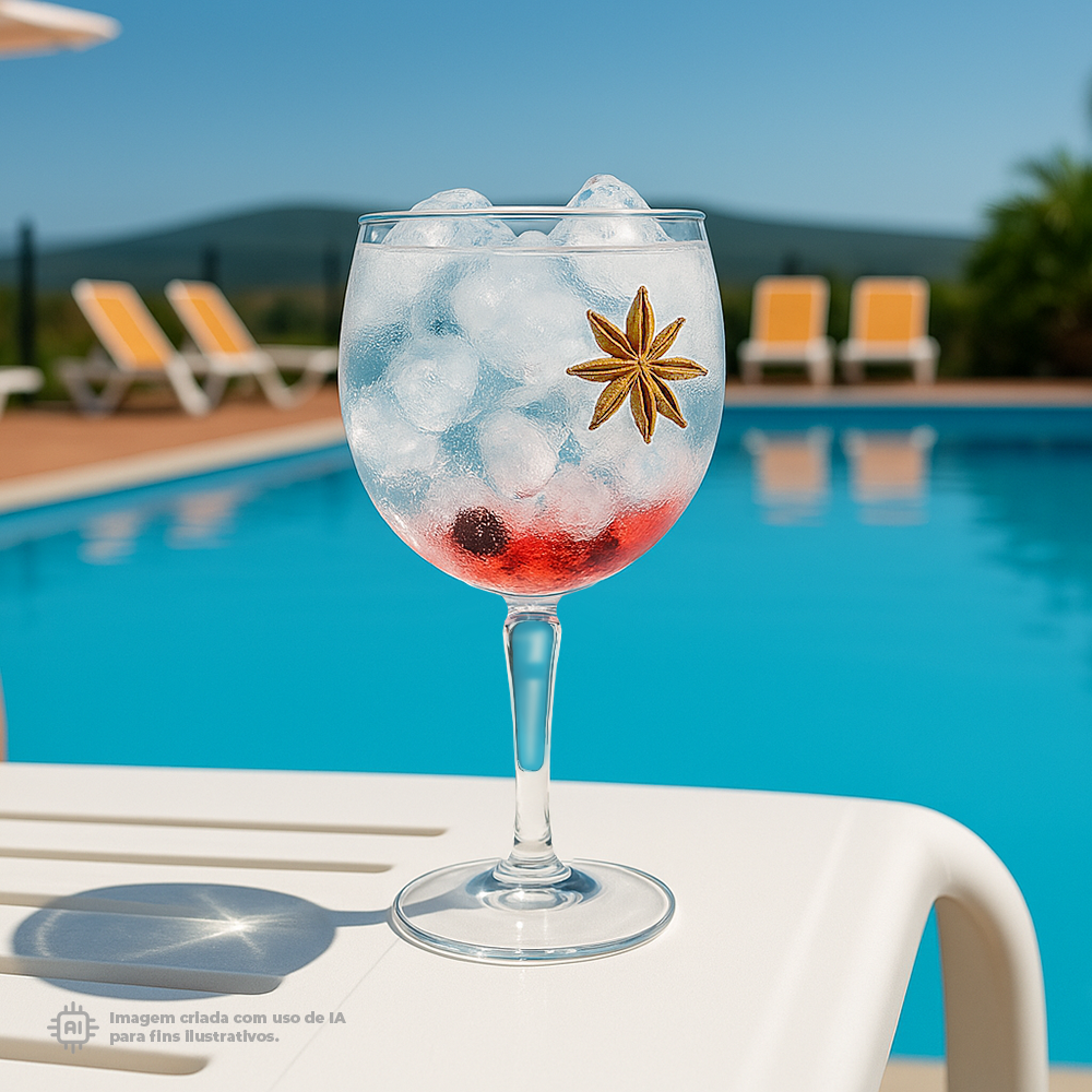 Copo Gin Liffe Transparente 47cl com gelo e especiarias ao lado da piscina ao ar livre