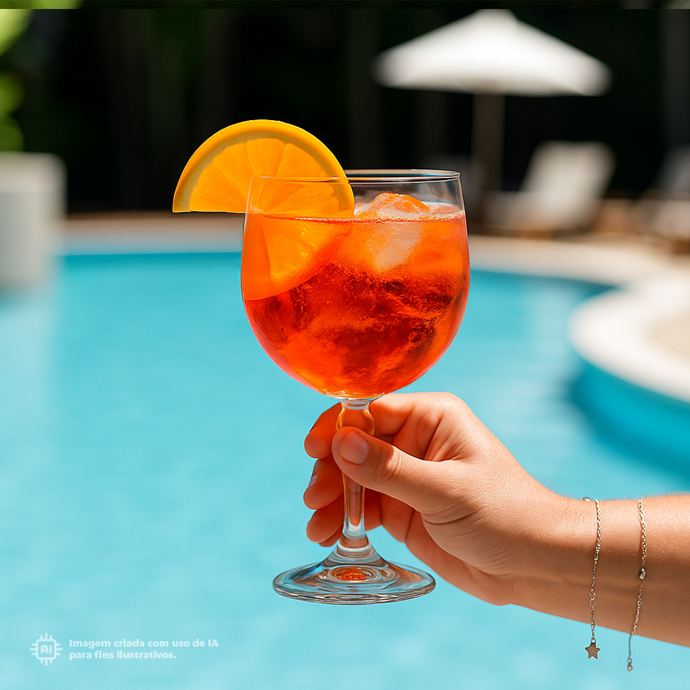 Copo Gin Liffe Transparente 47cll com laranja e gelo a ser segurado por uma pessoa perto da piscina, com fundo desfocado de chapéu-de-sol e cadeiras na área de lazer ao ar livre