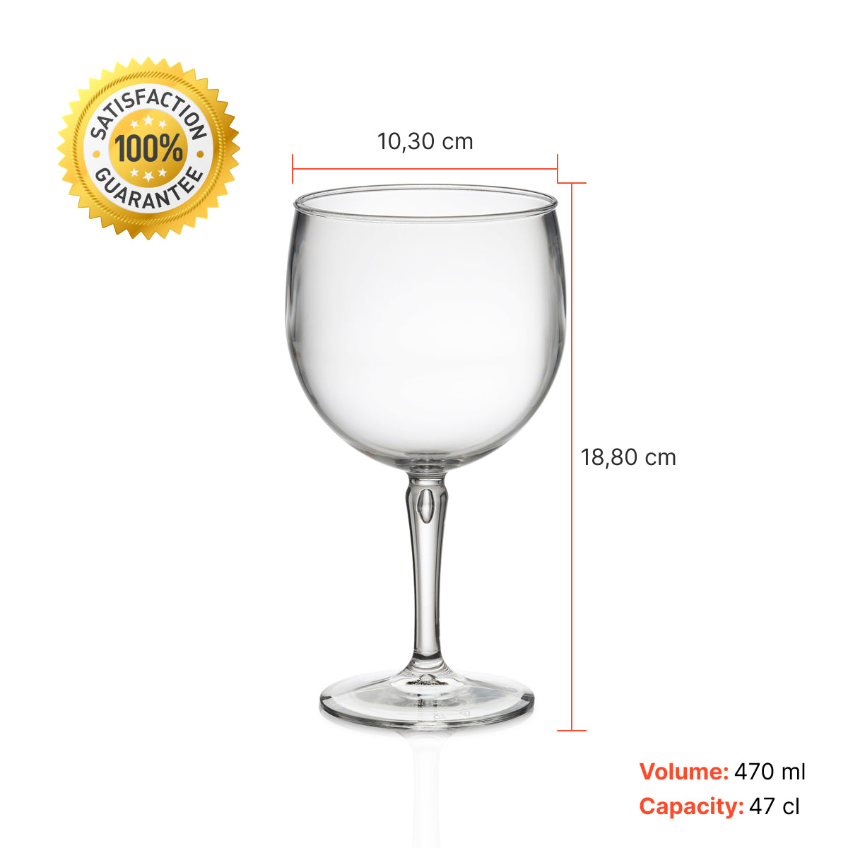 Copo Gin Liffe Transparente 47cl com volume de 470 ml e capacidade de 47cl, medindo 18,780 cm de altura e 10,30 cm de largura com um selo de 100% de satisfação garantida.