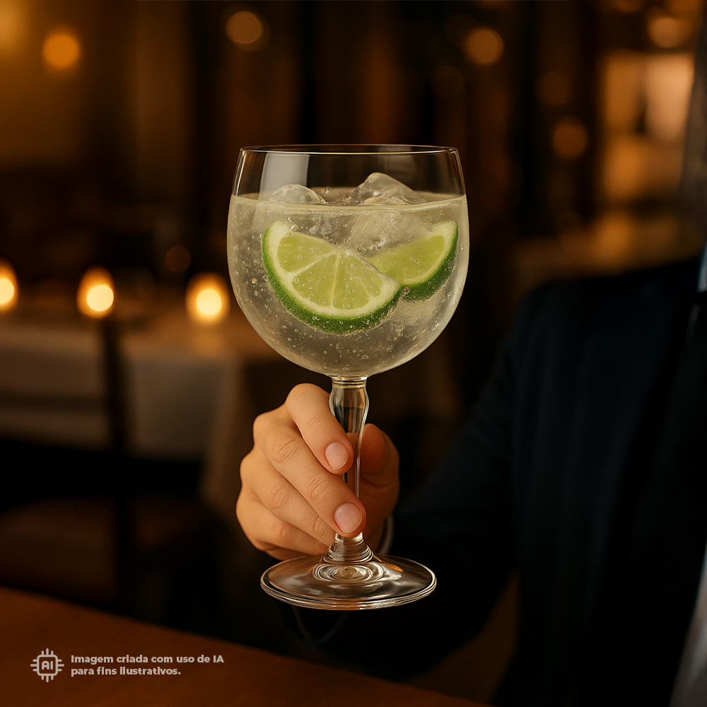 Homem a segurar Copo Gin Liffe Transparente 47cl com limão num ambiente elegante, com fundo de luzes amareladas, perfeito para fotos de coquetel ou bar