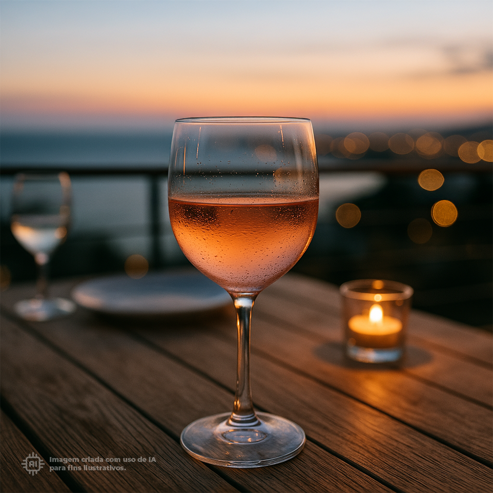 Copo Vinho Liffe Transparente 20 cl numa mesa ao ar livre ao pôr-do-sol, com vela acesa ao lado e vista panorâmica ao fundo, criando cenário perfeito para um momento relaxante e romântico.