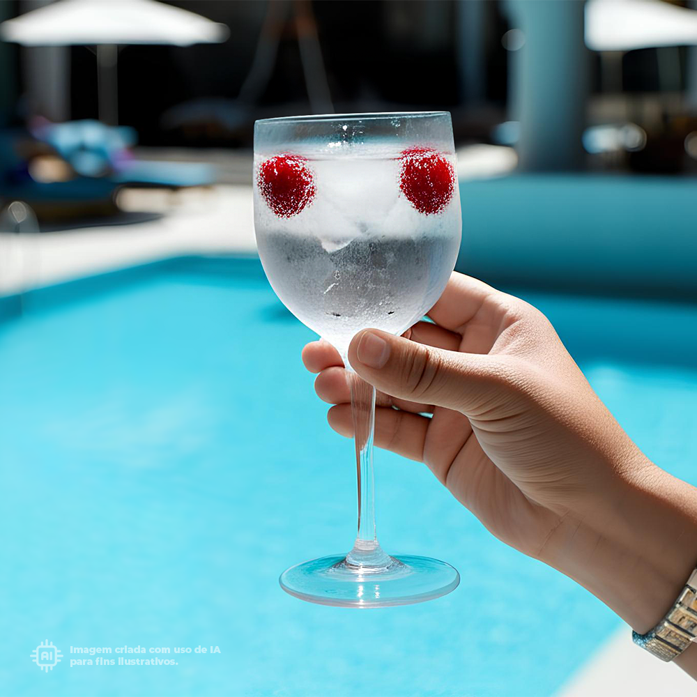 Copo Vinho Liffe Transparente 20 cl com cerejas flutuando na borda, a ser segurado por uma pessoa próxima à piscina.