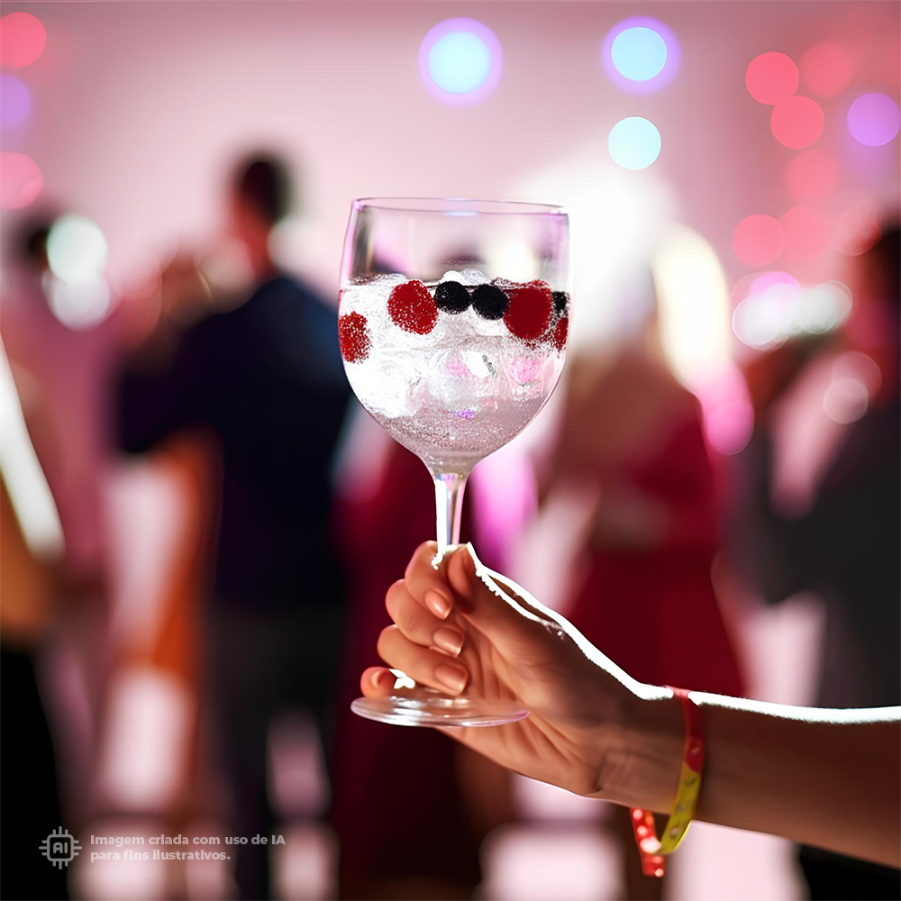 Copo Vinho Liffe Transparente 20 cl com frutas vermelhas e gelo, numa festa, com pessoas ao fundo num ambiente decorado com luzes coloridas.