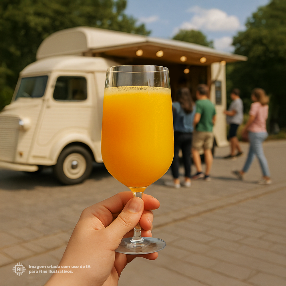 Copo Catavinos Liffe Transparente 18 cl com sumo de laranja fresco a ser segurado à frente duma feira ao ar livre com várias pessoas e uma carrinha vintage ao fundo