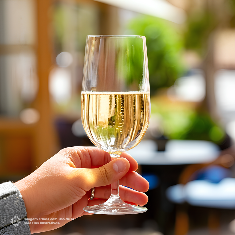 Copo Catavinos Liffe Transparente 18 cl com espumante a ser segurado por uma mão, fundo desfocado de ambiente acolhedor com luz natural, ideal para celebrações.
