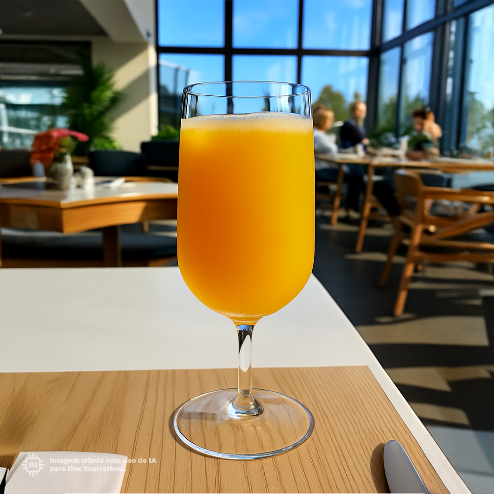 Copo Catavinos Liffe Transparente 18 cl com sumo de laranja fresco num ambiente de restaurante com vista para janelas grandes e pessoas a conversar ao fundo.