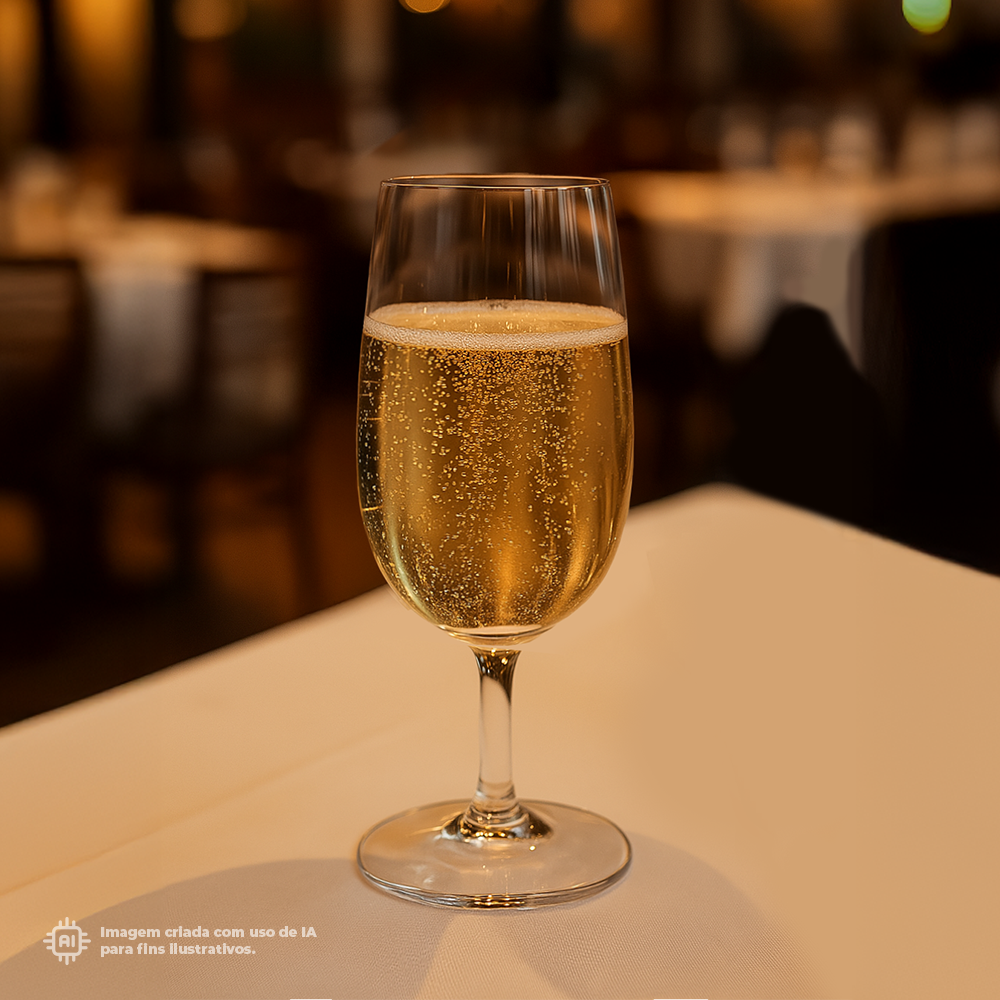 Copo Catavinos Liffe Transparente 18 cl com champagne num ambiente acolhedor, ideal para celebrações e eventos especiais, com fundo desfocado e iluminação suave.