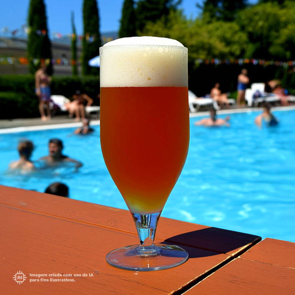 Copo Tulipa Liffe Transparente 33 cl com cerveja artesanal gelada na beira da piscina com pessoas a divertirem-se ao fundo em dia ensolarado.