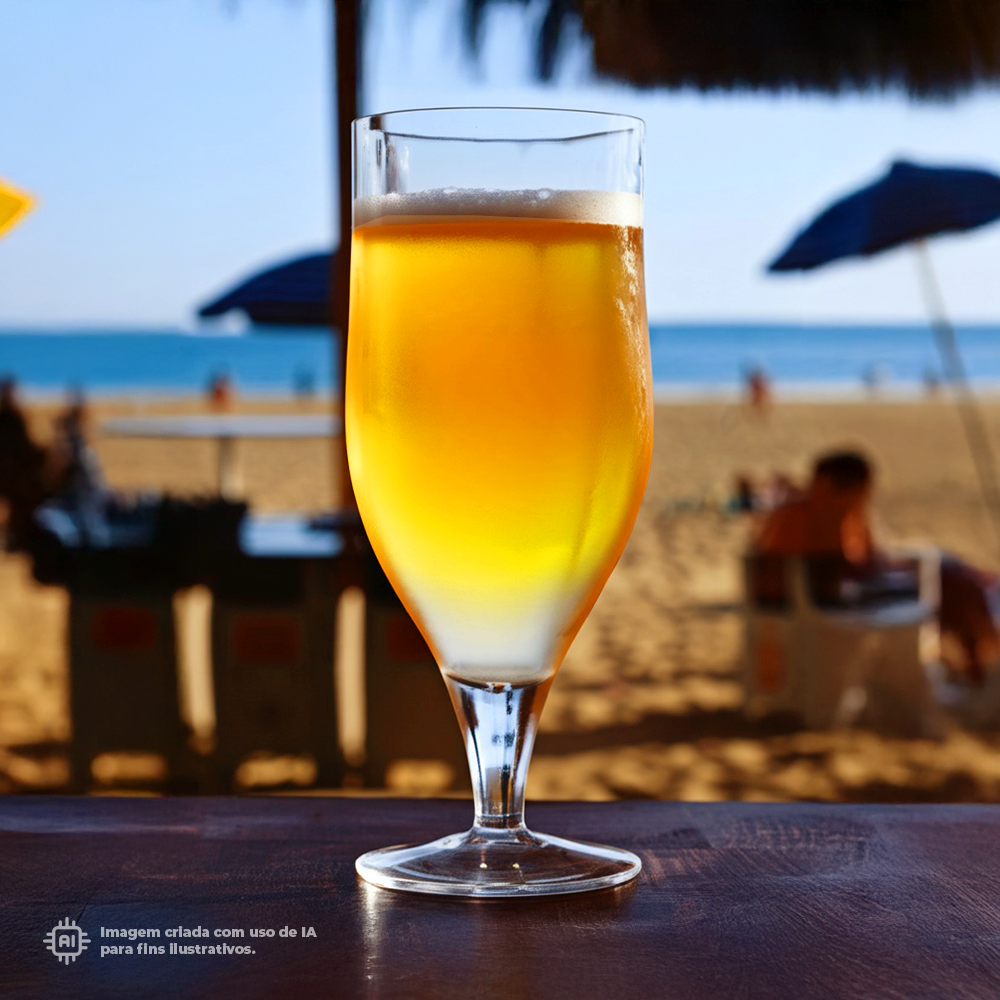 Copo Tulipa Liffe Transparente 33 cl com espumante com vista de praia ao fundo, ideal para aproveitar dias ensolarados na beira-mar com amigos ou num momento de relaxamento.