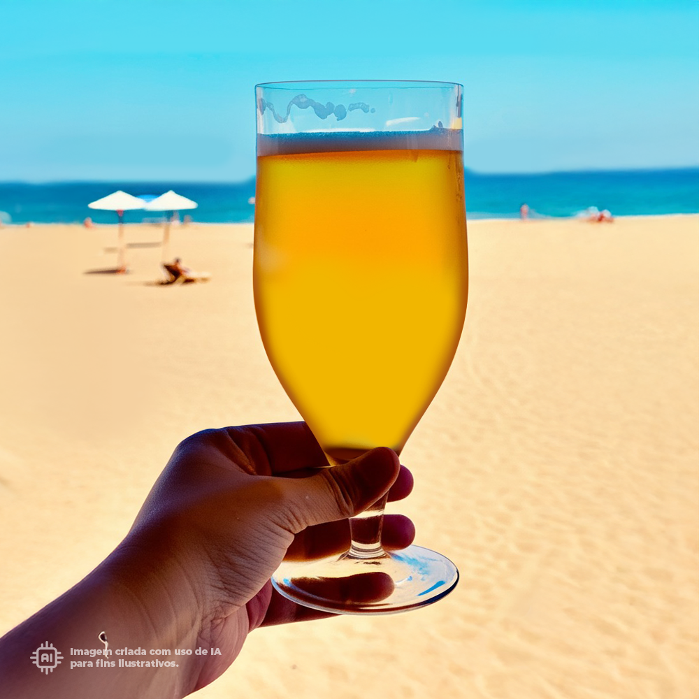 Copo Tulipa Liffe Transparente 33 cl com champanhe a ser segurado por uma mão, na praia com areia, mar e céu azul ao fundo.