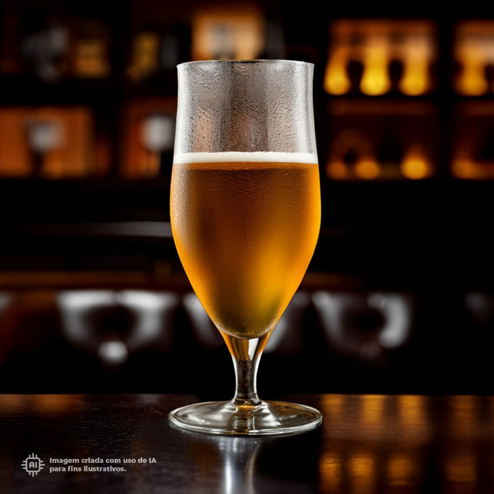 Copo Tulipa Liffe Transparente 33 cl com bebida dourada num ambiente acolhedor de bar ou restaurante, ideal para celebrações ou momentos especiais.