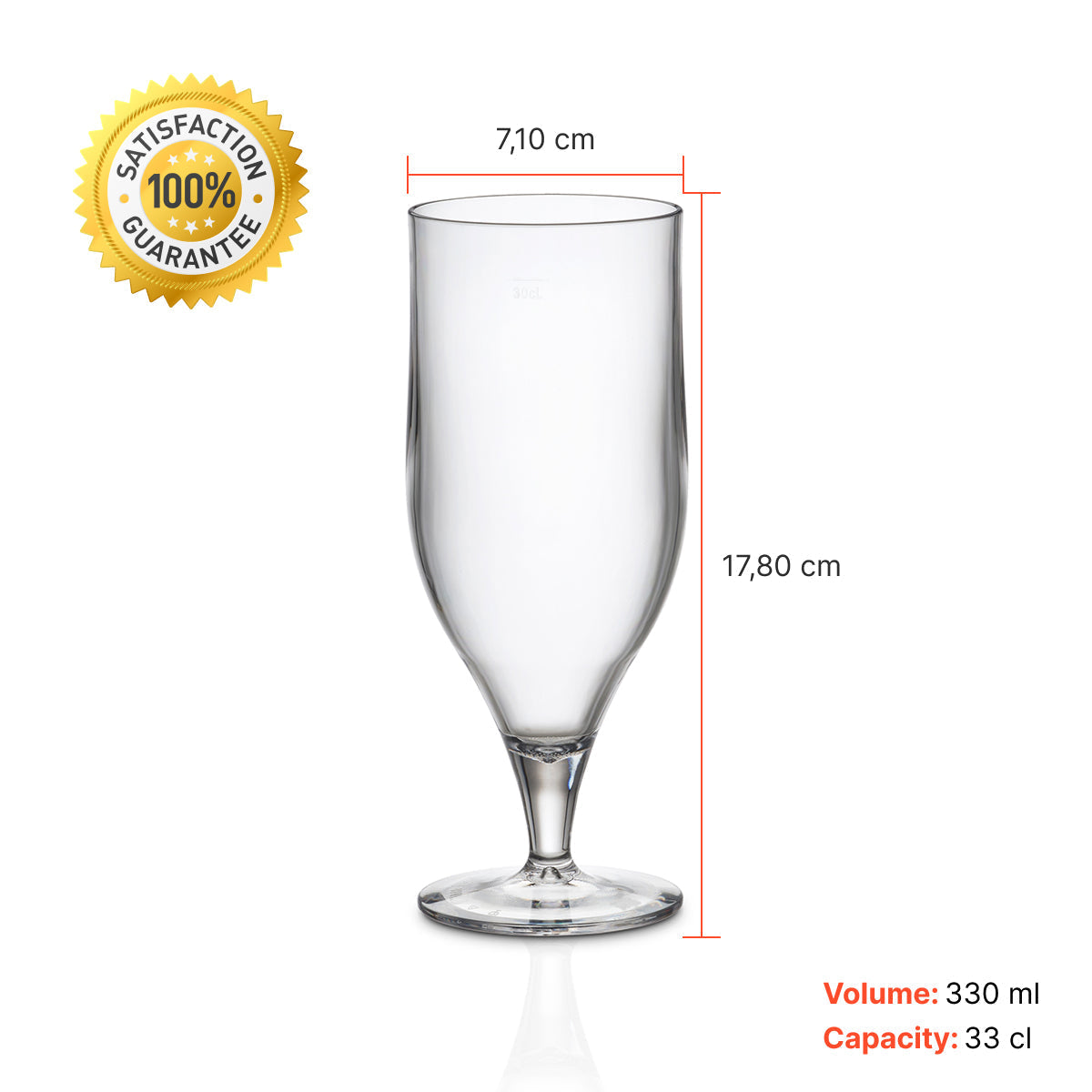 Copo Tulipa Liffe Transparente 33 cl com medição de altura de 17,80 cm e diâmetro de 7,10 cm, volume de 30 ml e capacidade de 33cl com selo de 100% de garantia de satisfação
