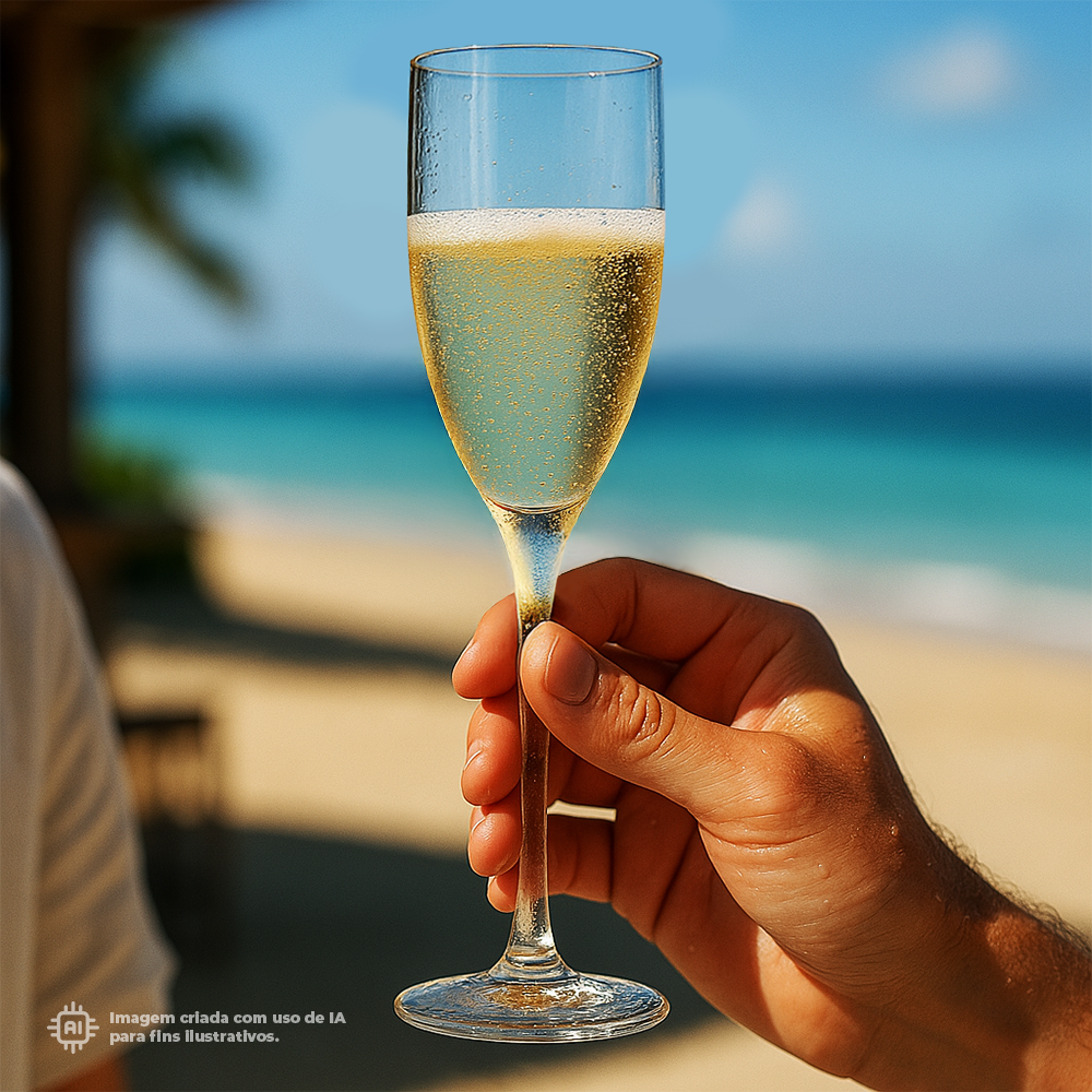 Copo de champanhe transparente Liffe de 15 cl em uma praia ensolarada