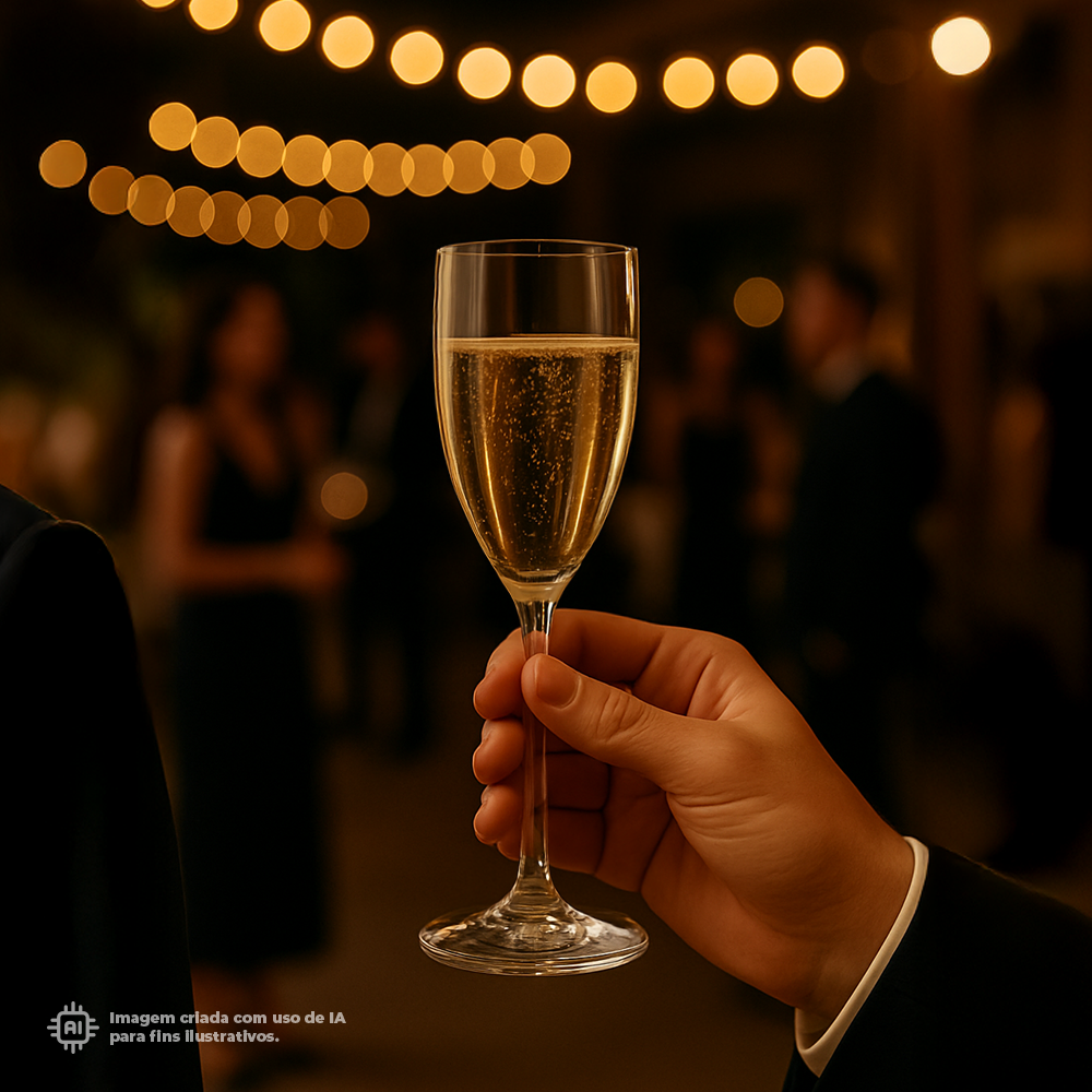 Copo de champanhe transparente Liffe de 15 cl em evento noturno.