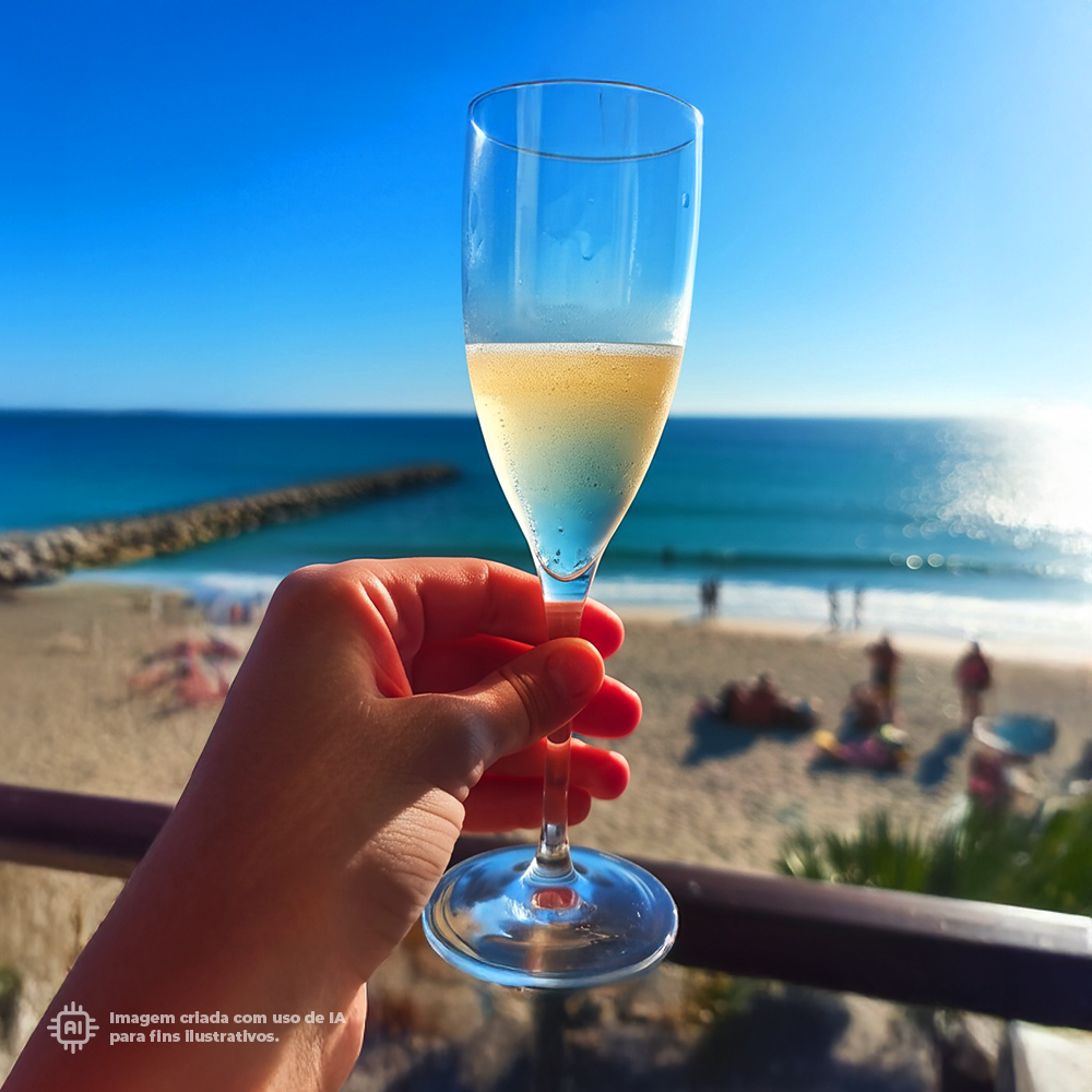 Copo de champanhe transparente Liffe 15 cl em cenário de praia