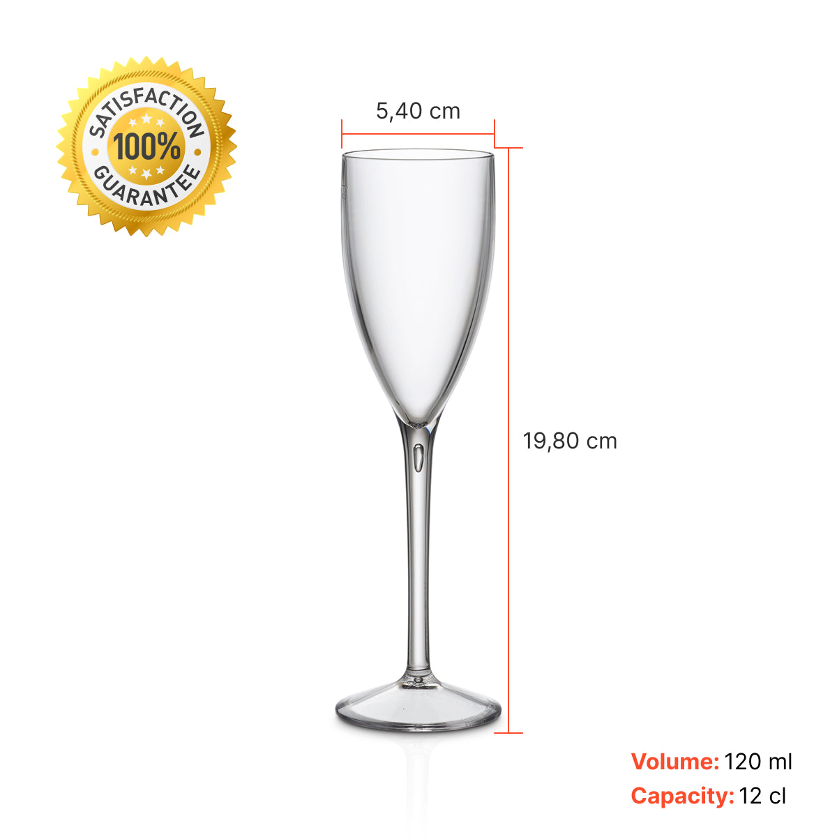 Copo de champanhe transparente Liffe, 12 cl, com medidas e volume indicados.