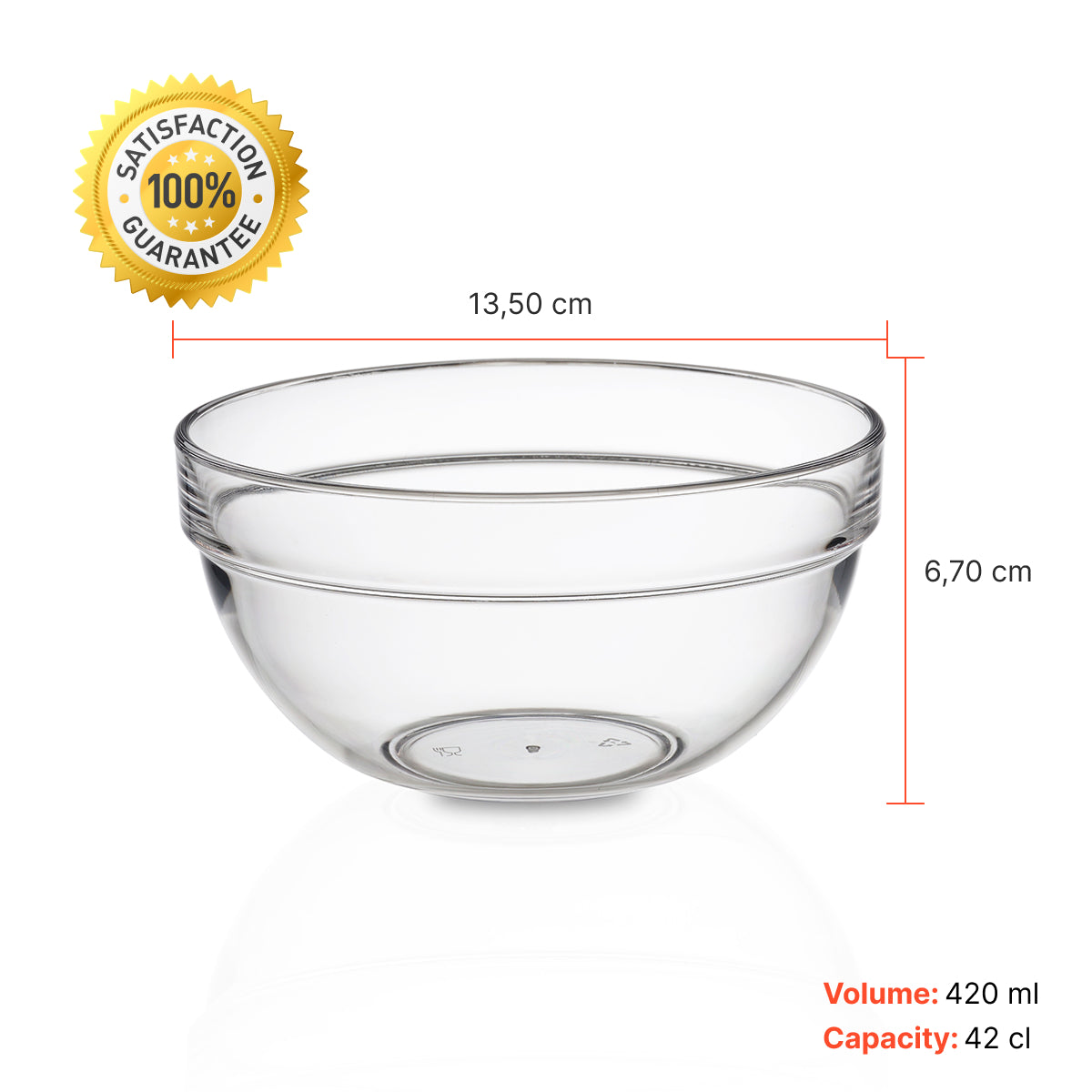Bowl Liffe Transparente 42cl com capacidade de 42 cl e volume de 420 ml, medindo aproximadamente 13,50 cm de largura e 6,70 cm de altura.