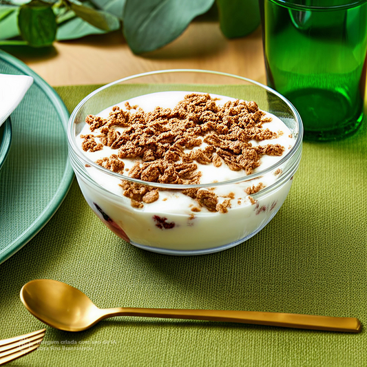 Bowl Liffe Transparente 42 cl com gelado com calda de chocolate e cobertura de migalhas de bolacha, sobre mesa verde.