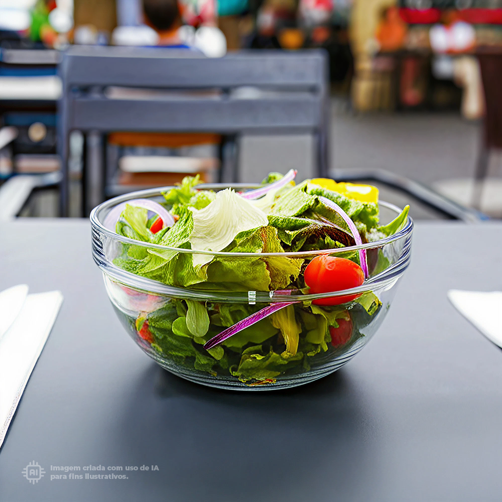 Bowl Liffe Transparente 42cl com salada fresca com alface, tomate-cereja e cebola roxa numa mesa de restaurante ao ar livre