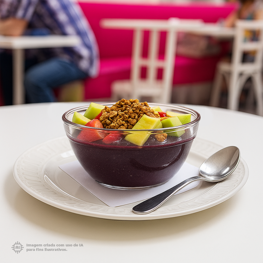 Bowl Liffe Transparente 42cl com sobremesa de arando com morangos, maçã verde e cereais, servida num restaurante com ambiente acolhedor, fundo com cadeiras brancas e decoração rosa