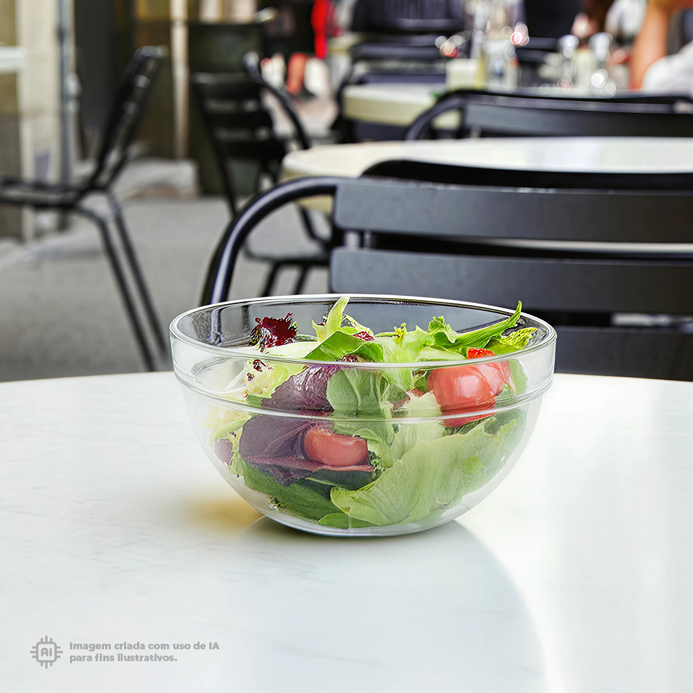 Bowl Liffe Transparente 42cl com salada fresca num ambiente ao ar livre com cadeiras e mesas ao fundo, ideal para alimentação saudável.