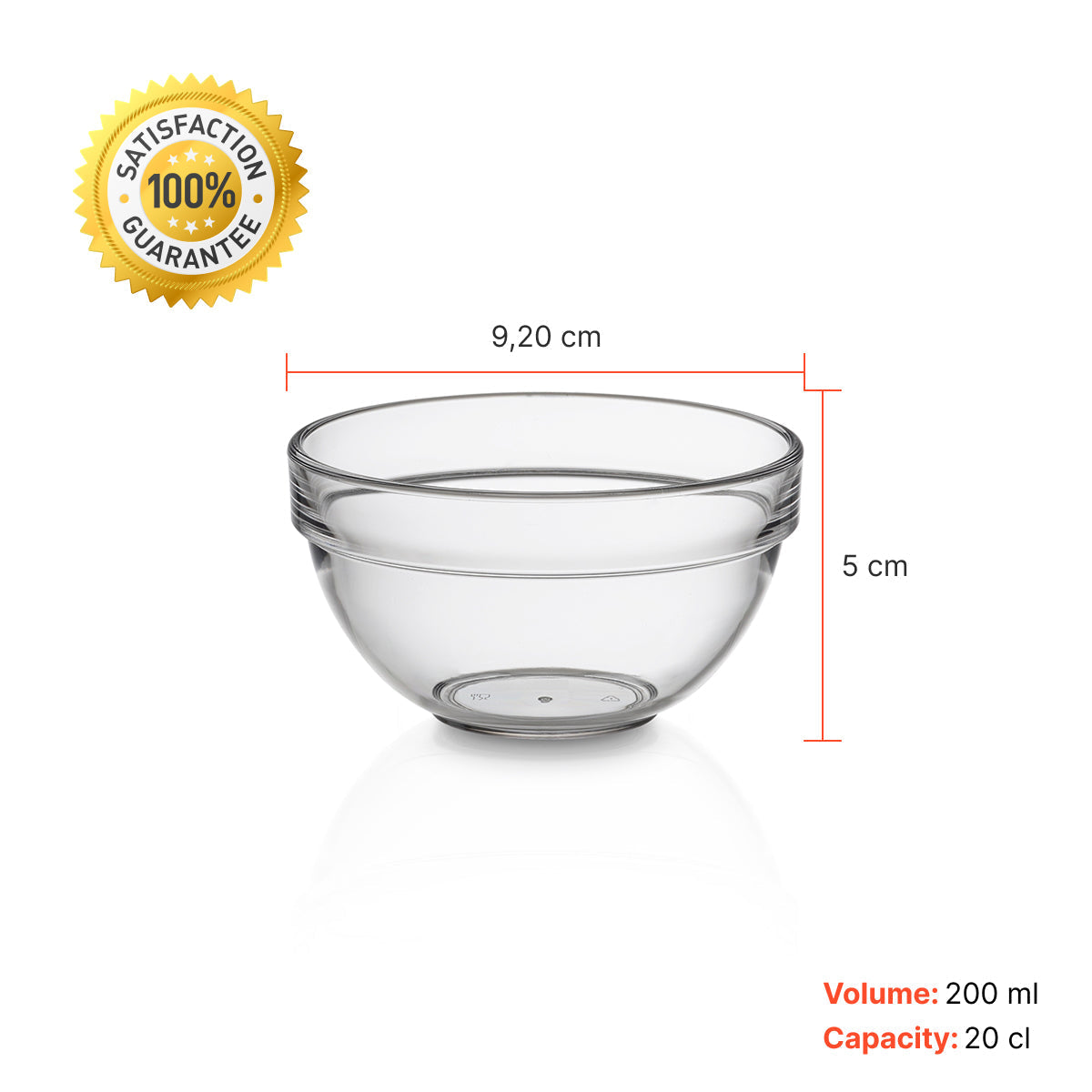 Bowl Liffe Transparente 20cl com capacidade de 20 cl e volume de 200 ml, medindo aproximadamente 9,2 cm de largura e 5 cm de altura.