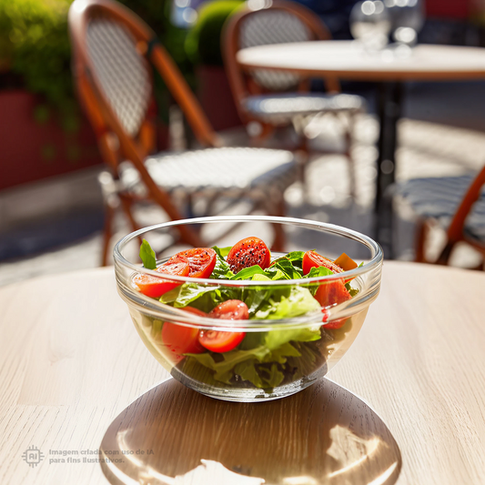 Bowl Liffe Transparente 20cl com salada fresca de alface, tomate e outros ingredientes sobre uma mesa ao ar livre, com cadeiras ao fundo.