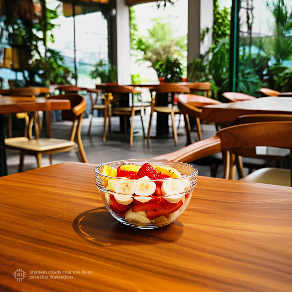 Bowl Liffe Transparente 20cl com salada de frutas num restaurante bem iluminado com plantas e janelas grandes ao fundo.