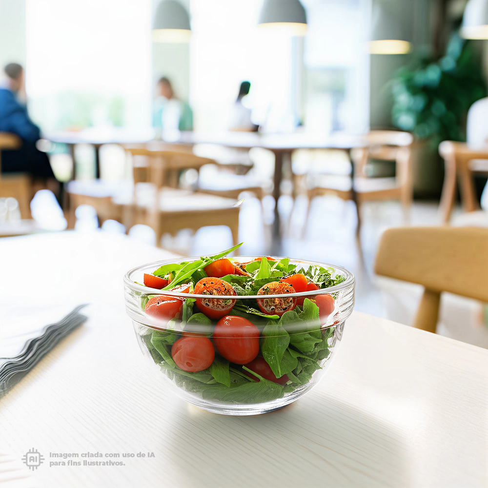 Bowl Liffe Transparente 20cl com salada saudável de tomate e folhas verdes num ambiente de restaurante moderno com iluminação natural