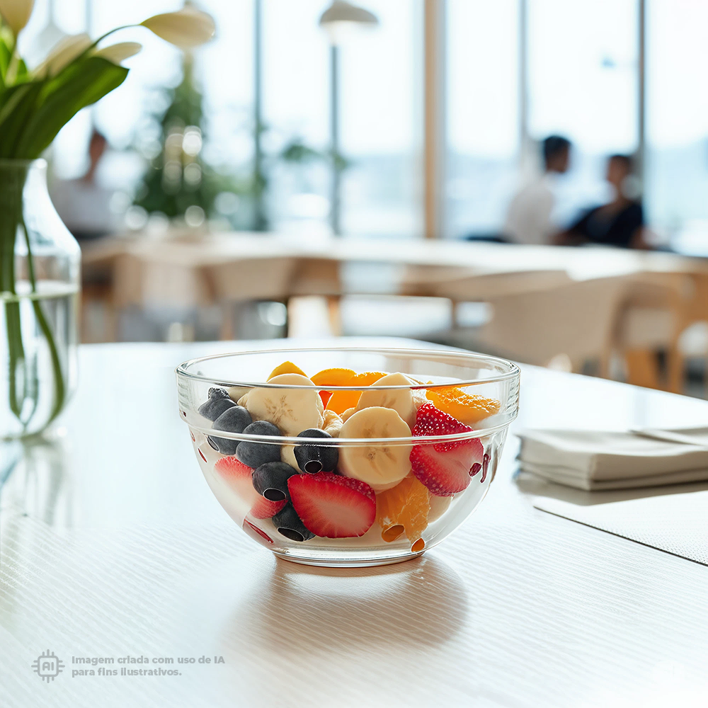 Bowl Liffe Transparente 20cl com salada de frutas fresca sobre mesa num restaurante bem iluminado com fundo de janelas grandes e pessoas ao fundo.